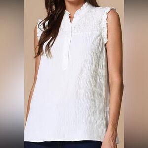 Ruffled Mock Neck Sleeveless Blouse - White